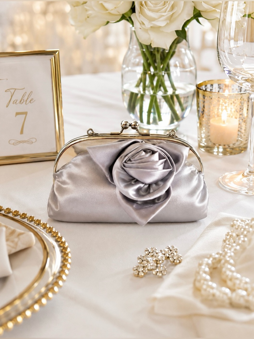 ROSETTE SATIN CLUTCH